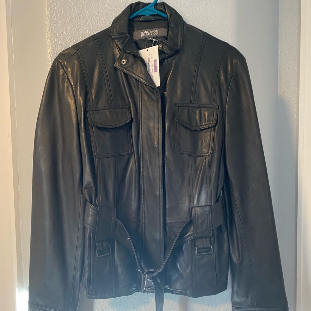 Black Kenneth Cole Womens L Leather Jacket NWT